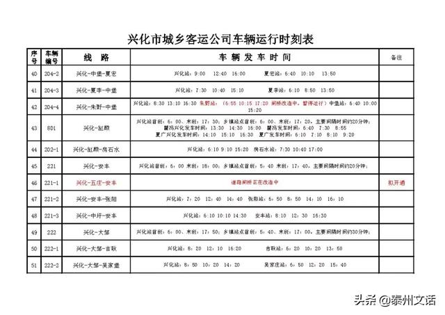 兴化城乡客运公交运行时刻表来啦