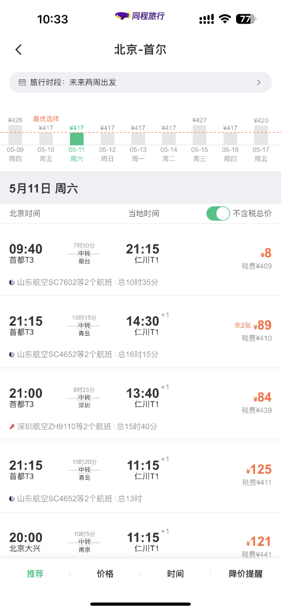 五一后机票价格回落，北京飞首尔机票低至8元