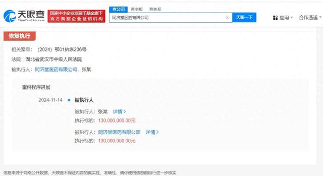 同济堂医药及张美华被恢复执行1.3亿
