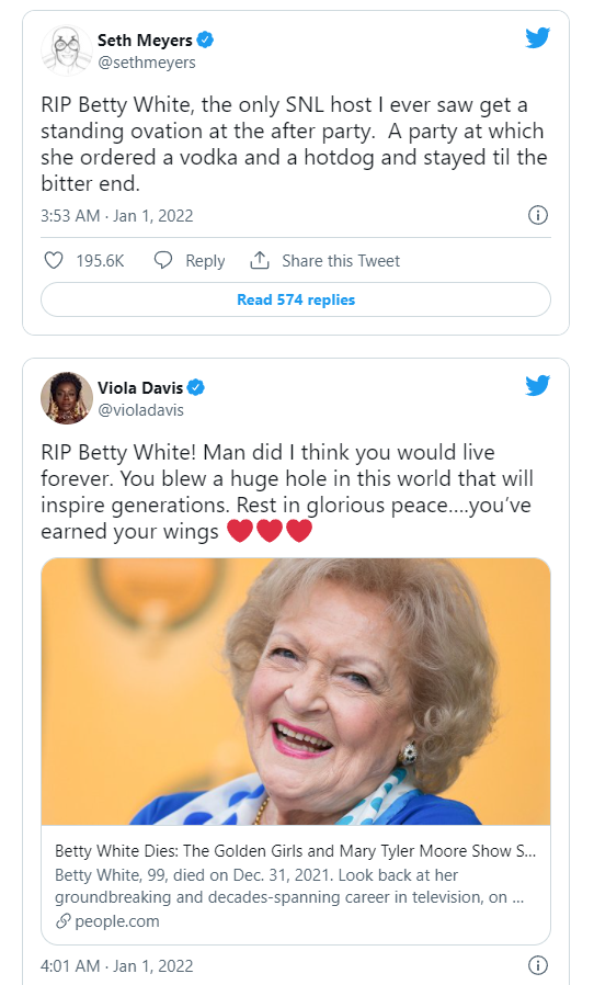 美国著名喜剧演员、《黄金女郎》演员贝蒂·怀特去世 享年99岁