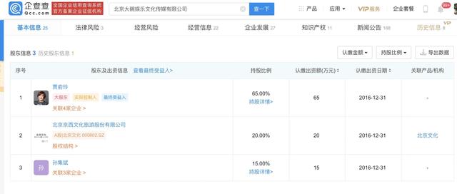 贾玲父亲贾文田担任北京大碗娱乐文化法定代表人，贾玲持股65