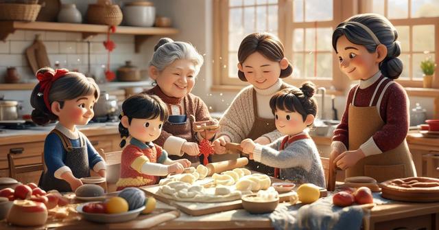 春节前夕全家欢，切葱擀皮挂灯忙