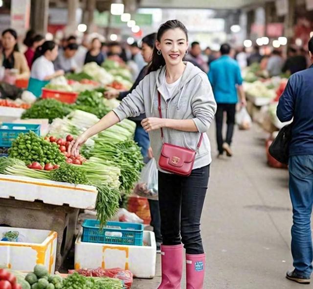 近况！张柏芝定居上海穿胶靴去买菜，太有意思了