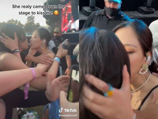 韩女歌手无预警走下舞台「嘴对嘴亲吻粉丝」！全场嗨爆了