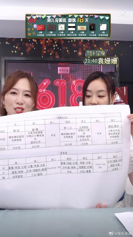 马甲线女神袁珊珊直播间晒健身食谱，早餐鸡蛋豆浆，晚餐只吃蔬菜